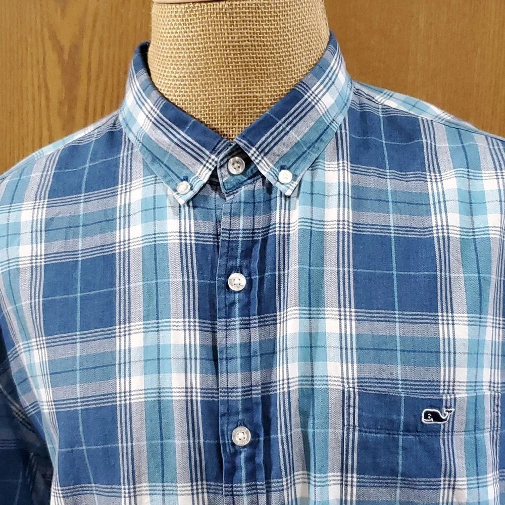 Vineyard Vines slim fit tucker shirt blue plaid long sleeve cotton